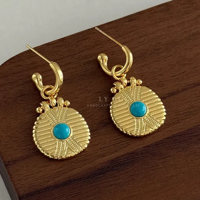 Round Gold Stud Earrings For Women in Ethnic Style Featuring Turquoise Inlay and 925 Sterling Silver