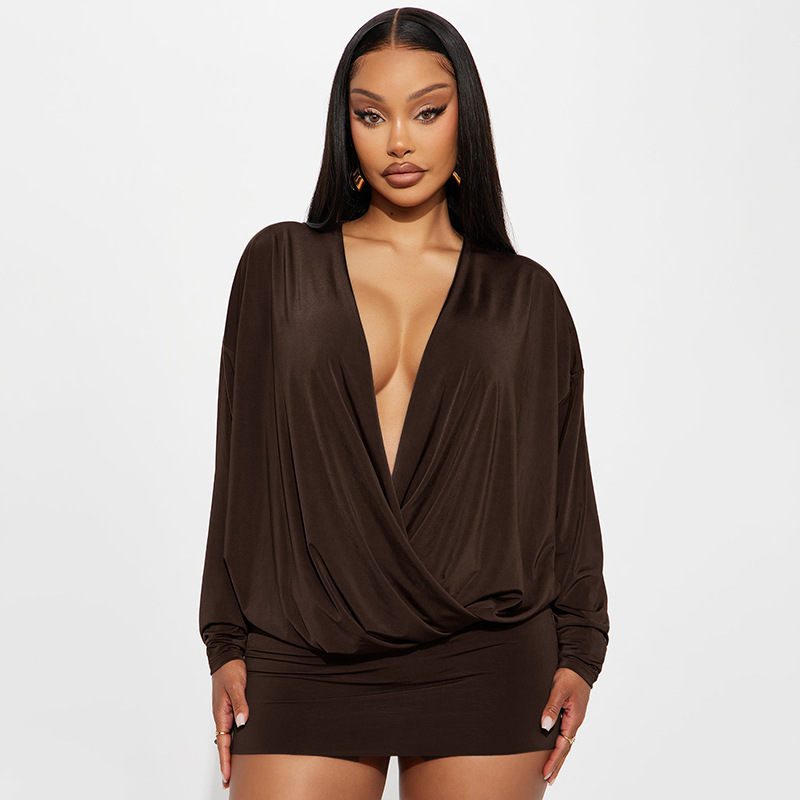Solid Color V Neck Long Sleeve Regular Dress In Elastane Fabric Featuring Short Mini Dress Length