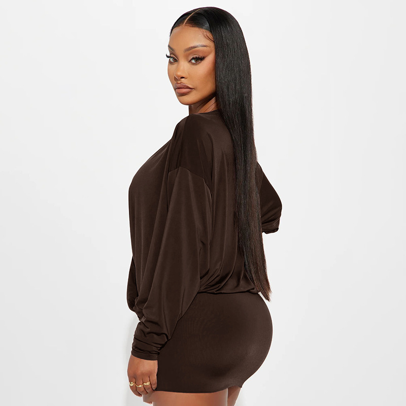 Solid Color V Neck Long Sleeve Regular Dress In Elastane Fabric Featuring Short Mini Dress Length