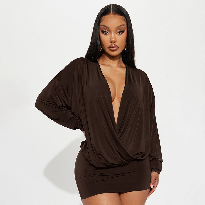 Solid Color V Neck Long Sleeve Regular Dress In Elastane Fabric Featuring Short Mini Dress Length