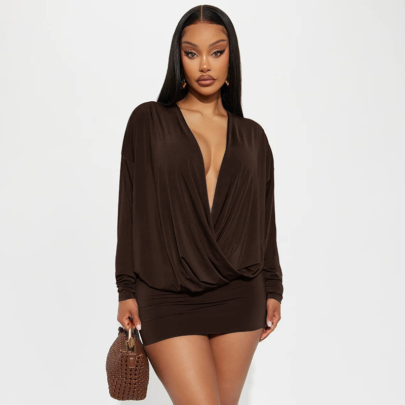Solid Color V Neck Long Sleeve Regular Dress In Elastane Fabric Featuring Short Mini Dress Length