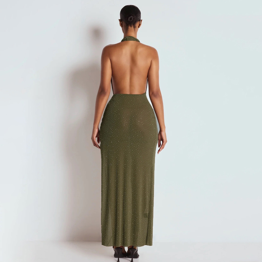 Halter Neck Slit Dress In Elastane Fabric
