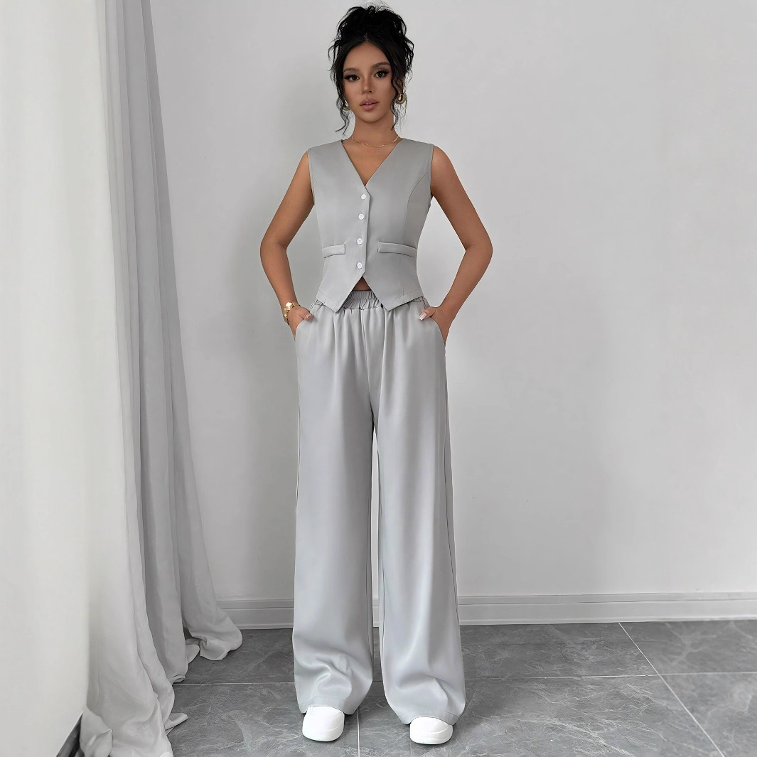 Solid Color Casual Pant Co-ord Set