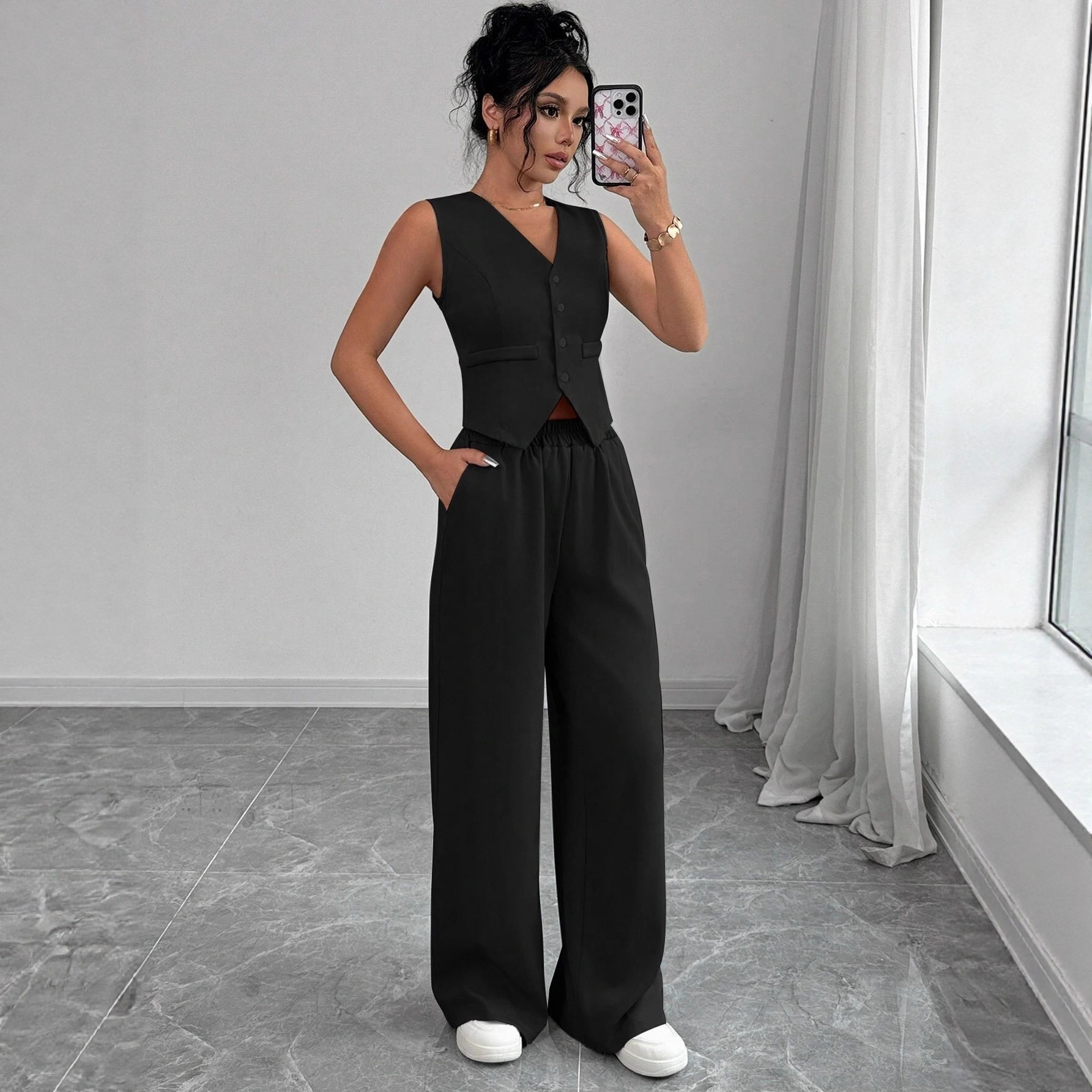 Solid Color Casual Pant Co-ord Set