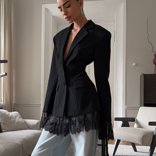 Long Sleeve Polyester Blazer With Lace Craftsmanship