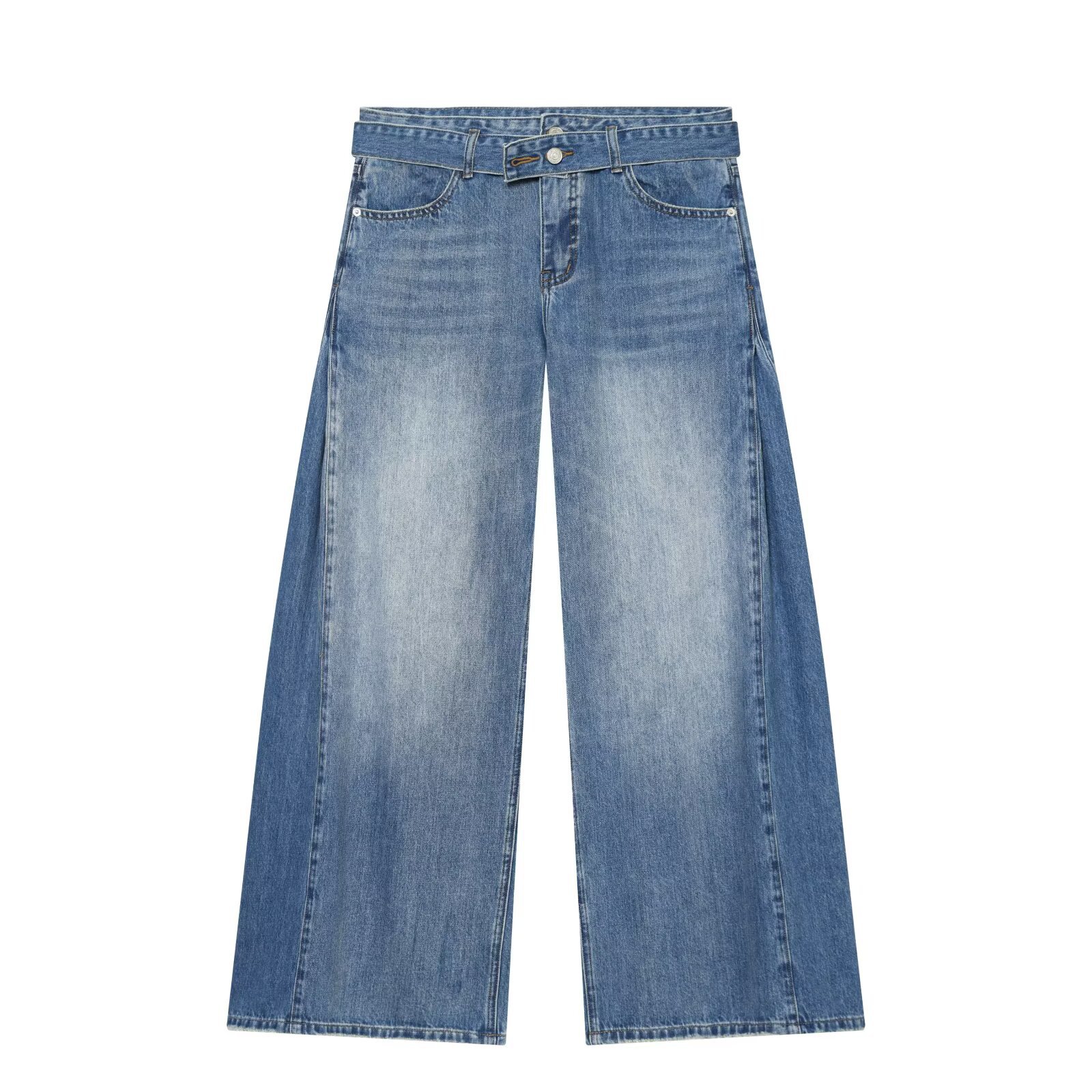 Full Length Pants For Women In Denim Cotton Fabric With Belt Detail