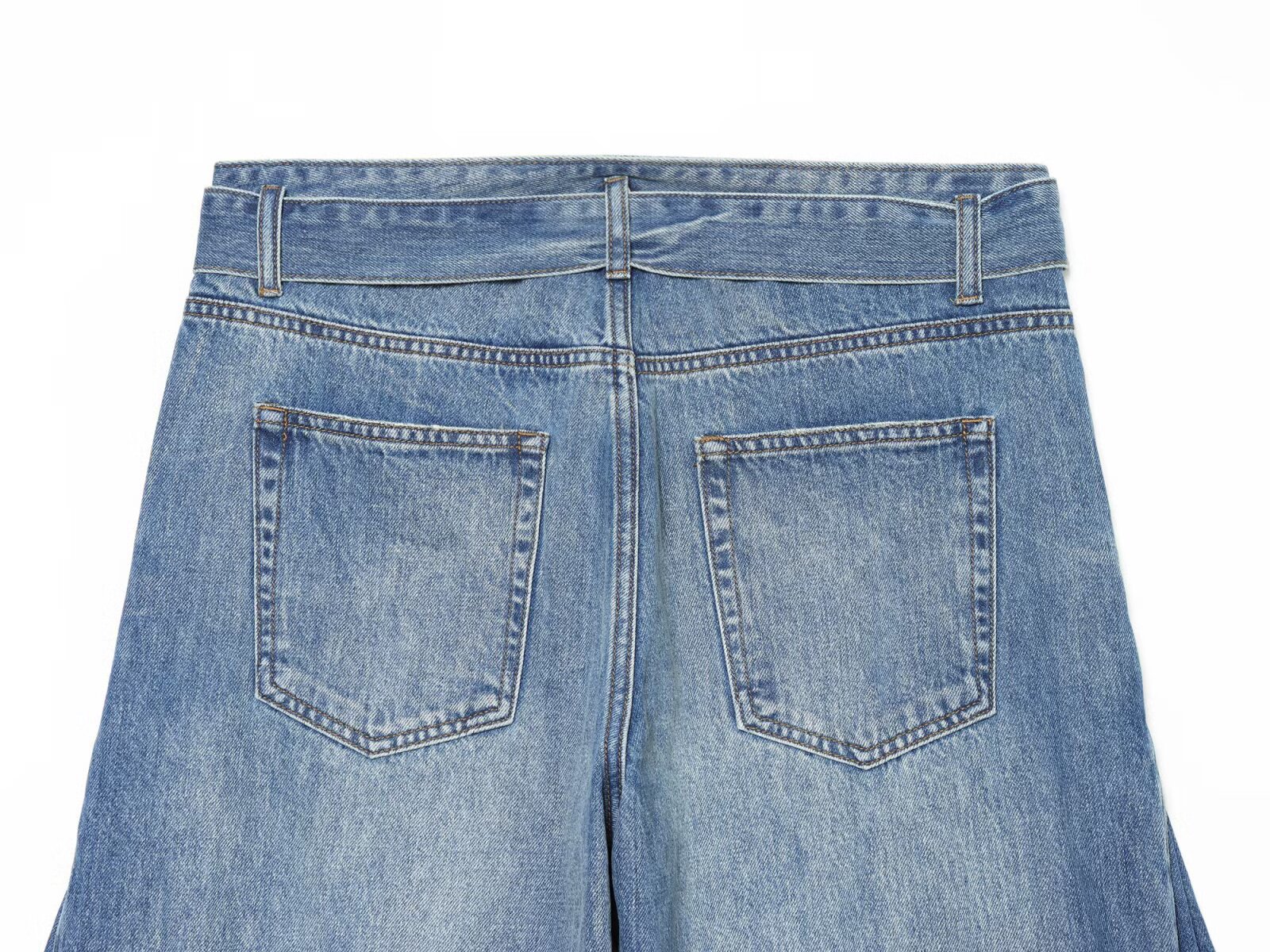 Full Length Pants For Women In Denim Cotton Fabric With Belt Detail