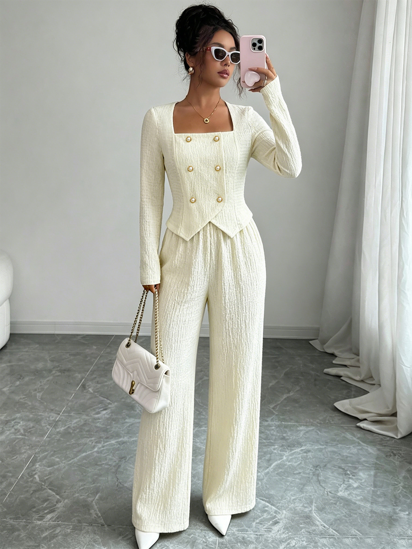 Polyester Pant Co-ord Set With Rib-Knit Craft And Double Breasted Design