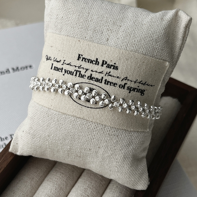 Silver Beaded Ball Bracelet With Cat's Eye Stone Inlay