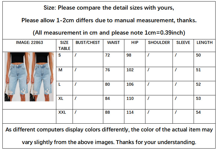 Women's Straight Knee-Length Denim Cotton Pants size guide