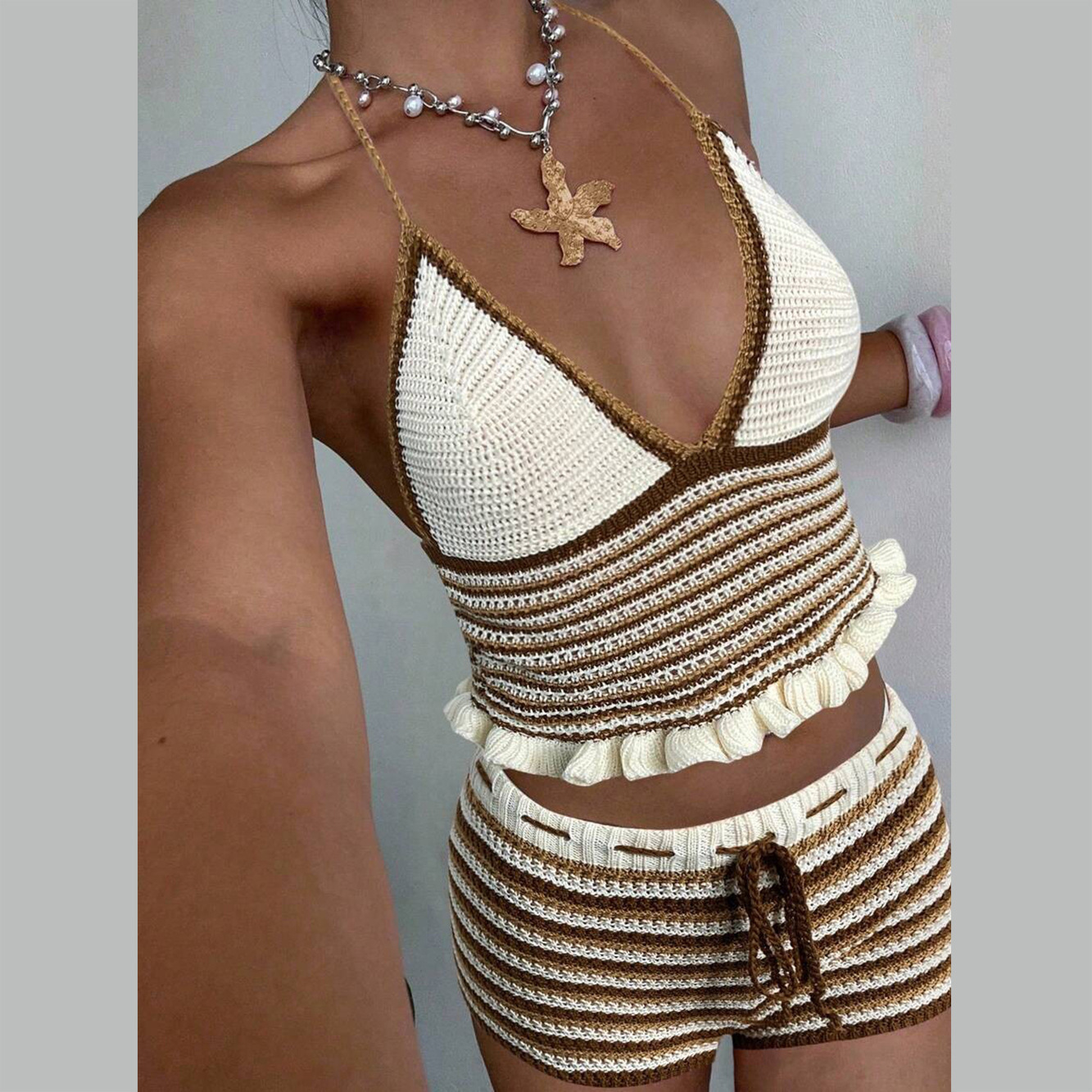 Stripe Beach Shorts Co-ord Set In Knitted Polyester