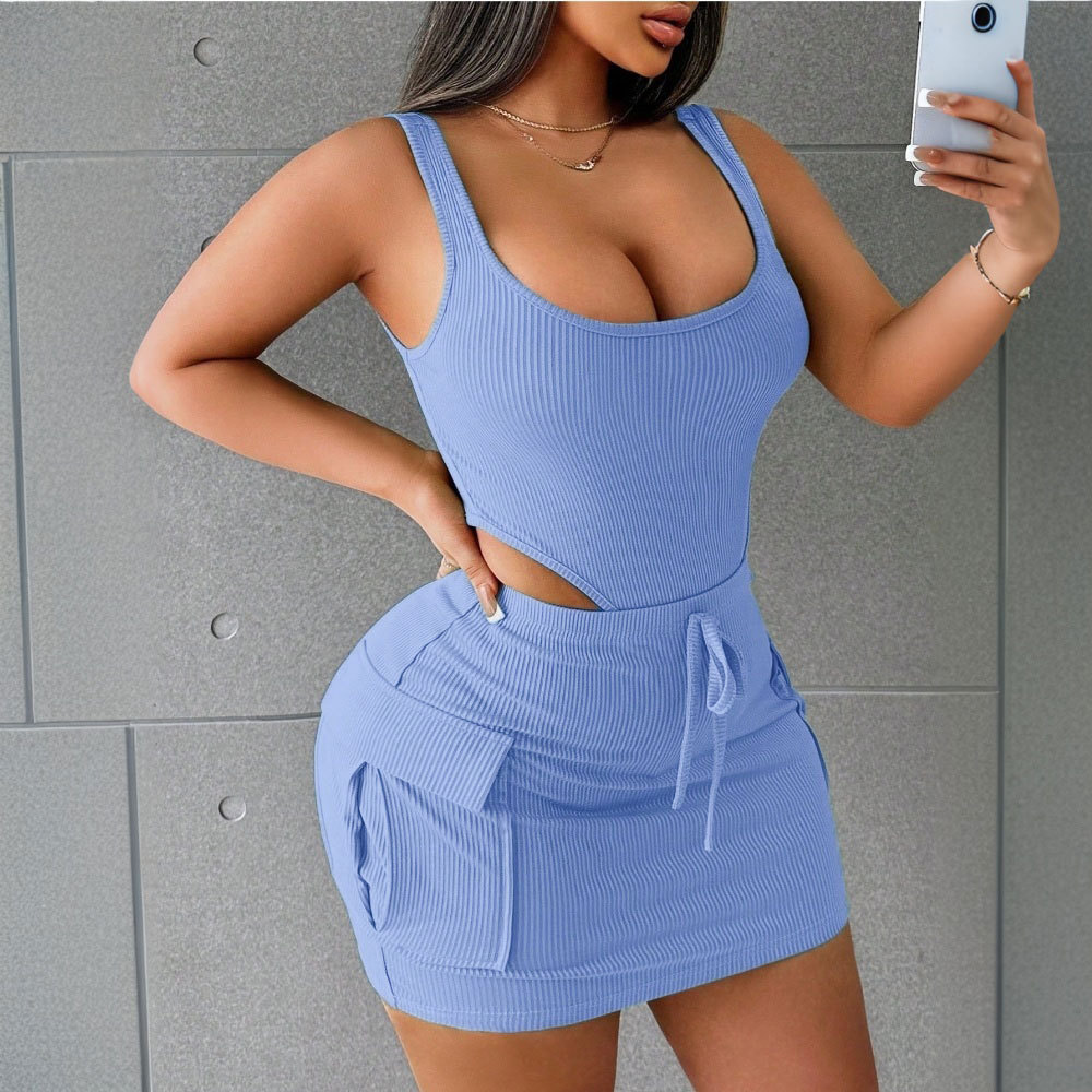 Casual Solid Color Cotton Skirt Co-ord Set In 2 Pieces