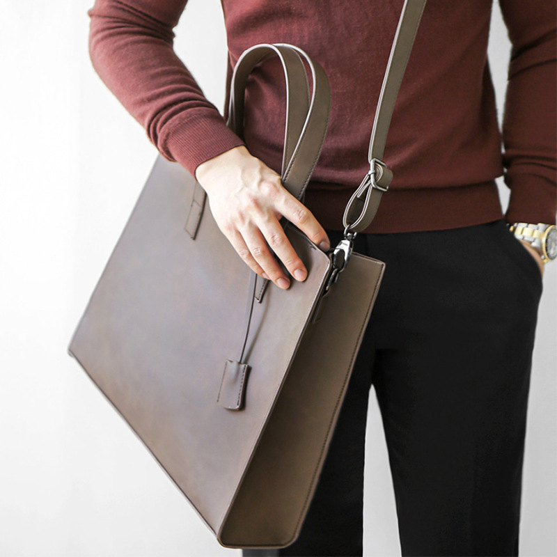 Men's Solid Color PU Leather Handbag With Single Shoulder Strap