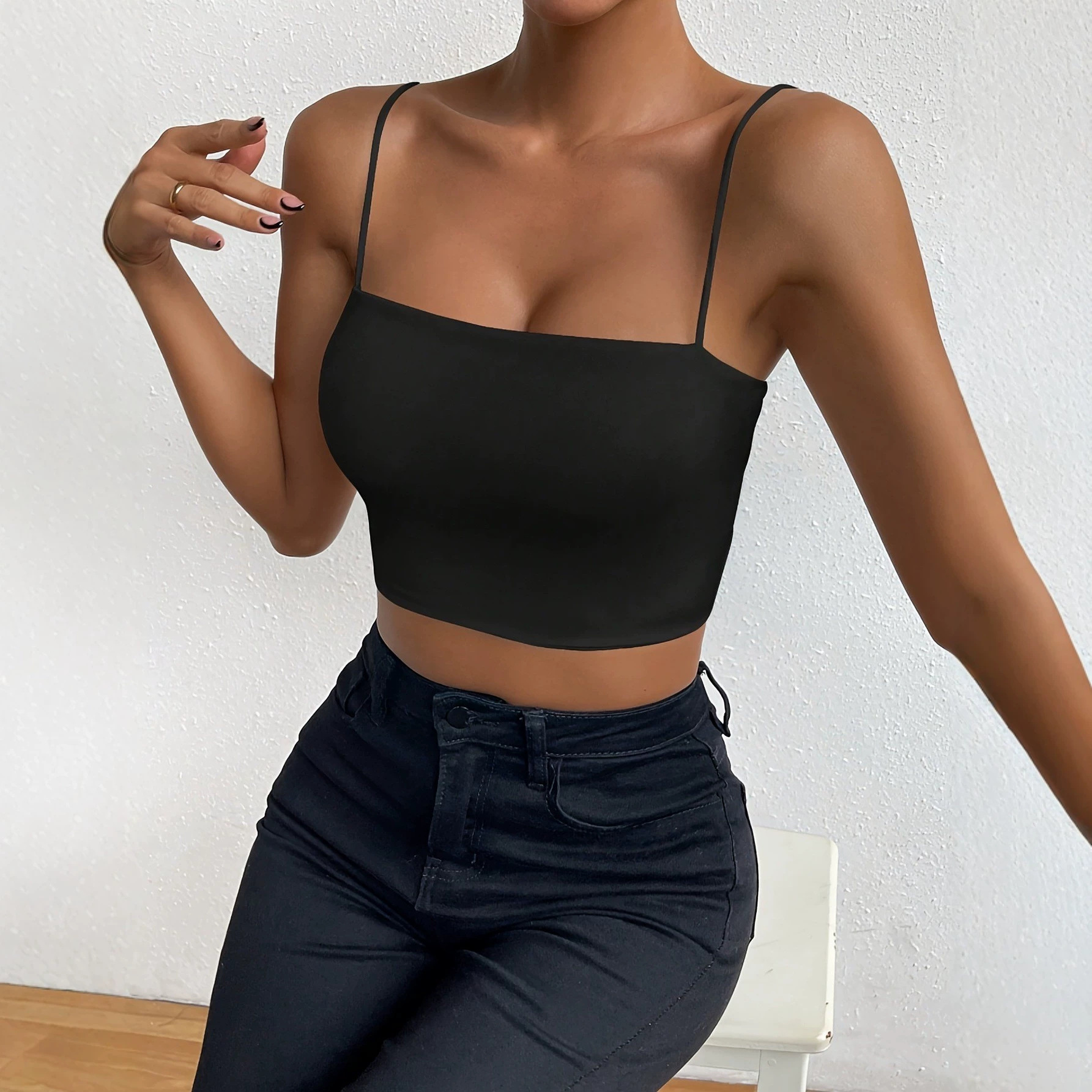 Sexy Solid Color Polyester Camisole Strap Top