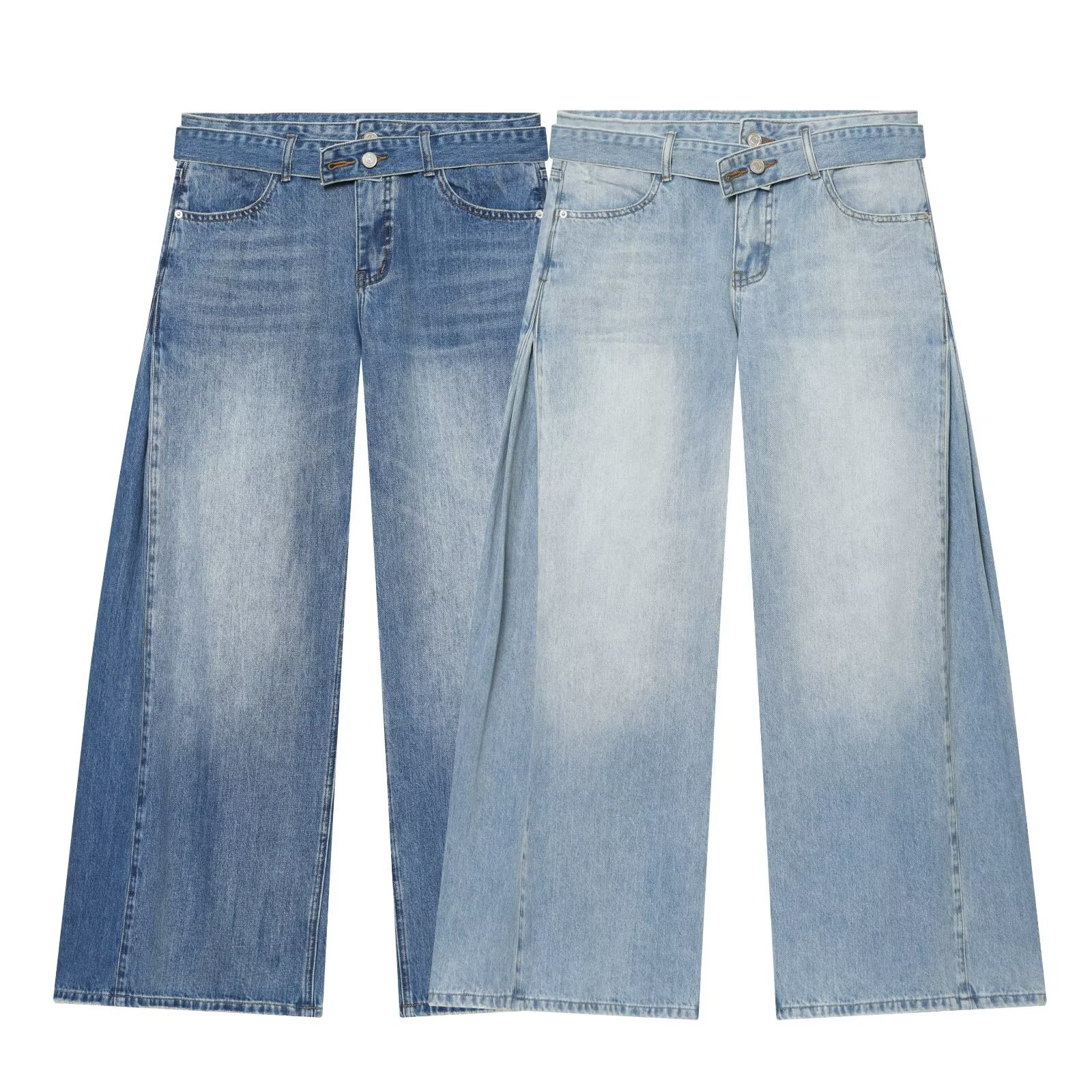 Full Length Pants For Women In Denim Cotton Fabric With Belt Detail