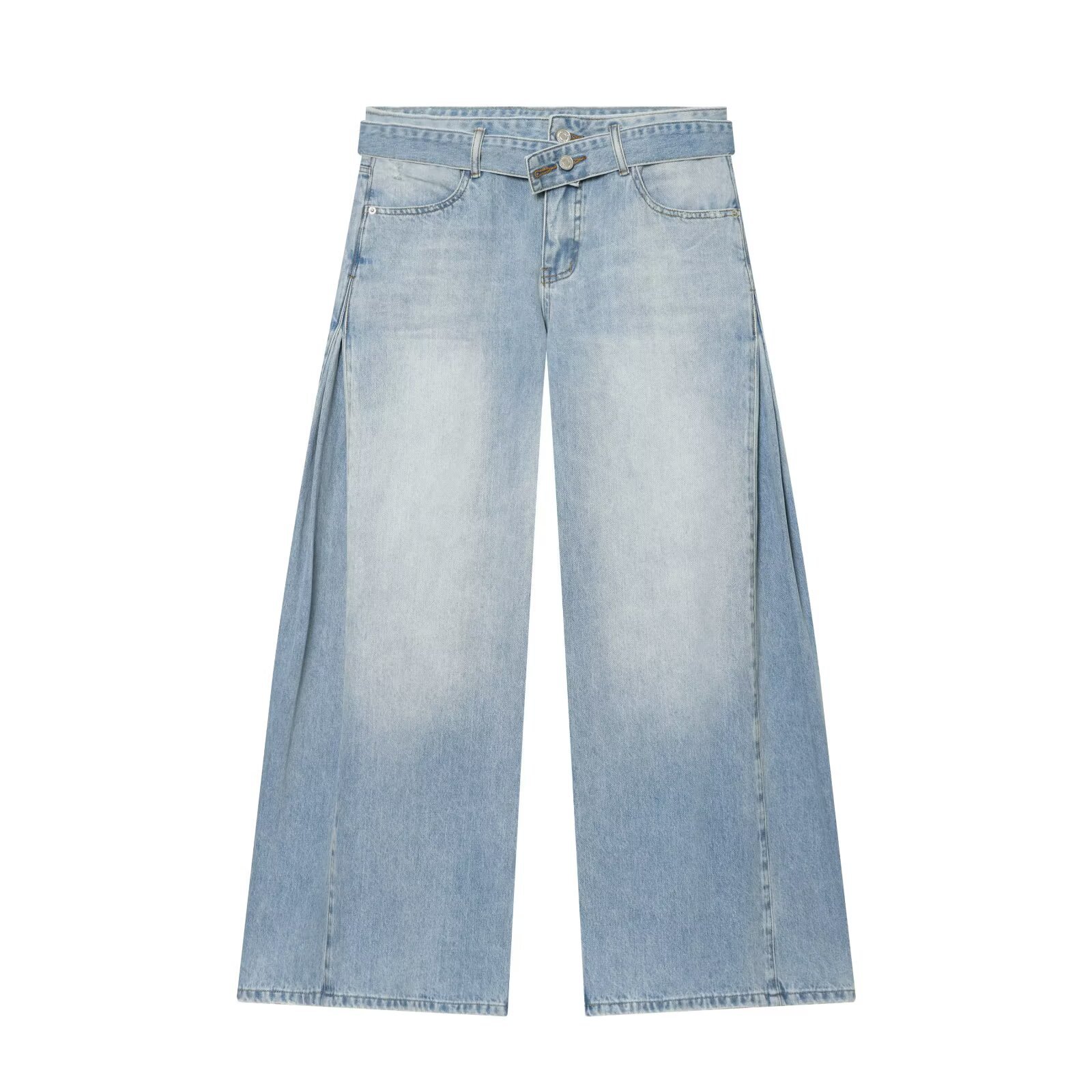 Full Length Pants For Women In Denim Cotton Fabric With Belt Detail