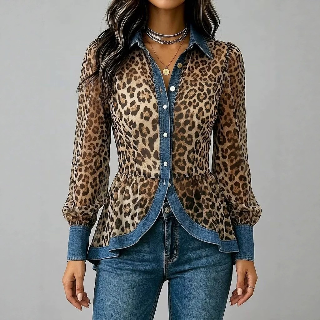Leopard Print Casual Long Sleeve Blouse