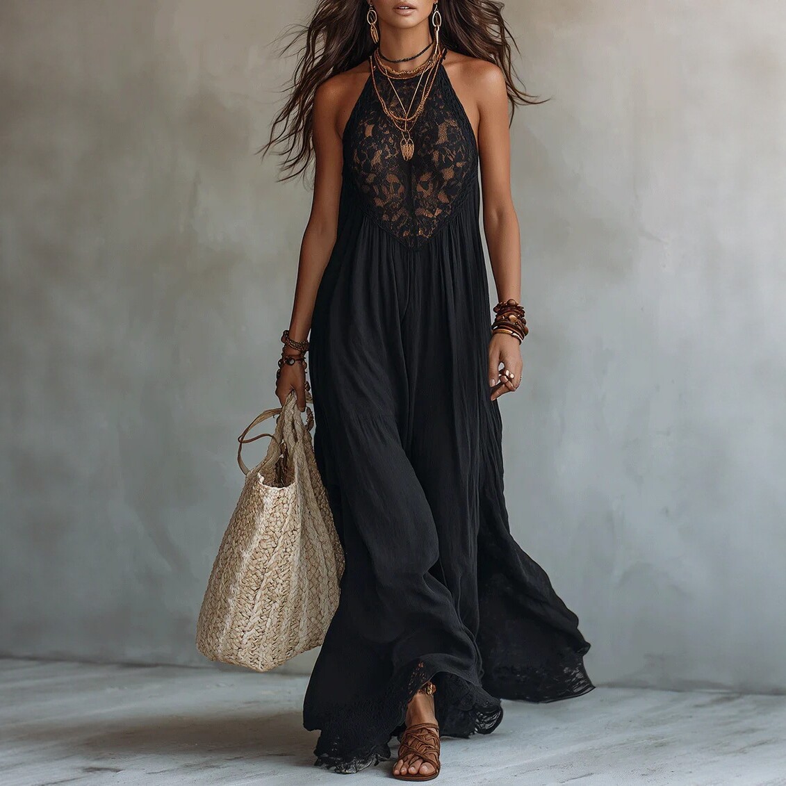 Lace Maxi Long Strap Dress Sleeveless