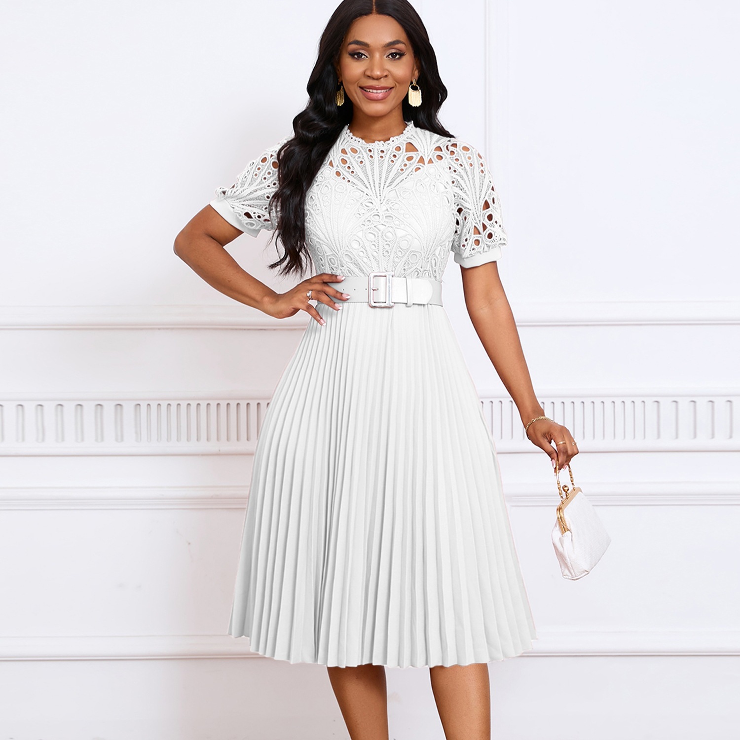 Elegant Solid Color Party Dress With Short Sleeve And Round Neck