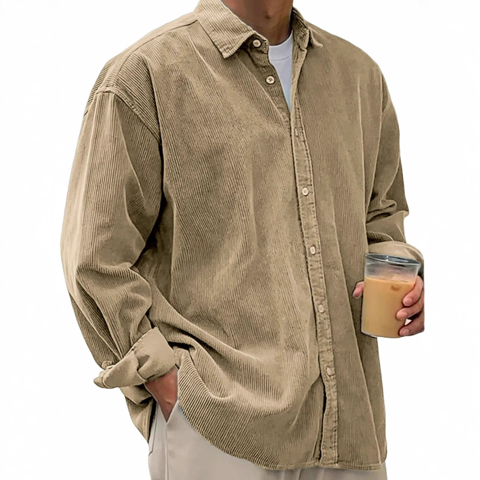 Long Sleeve Men's Shirt In Polyester Fabric With Button Placket