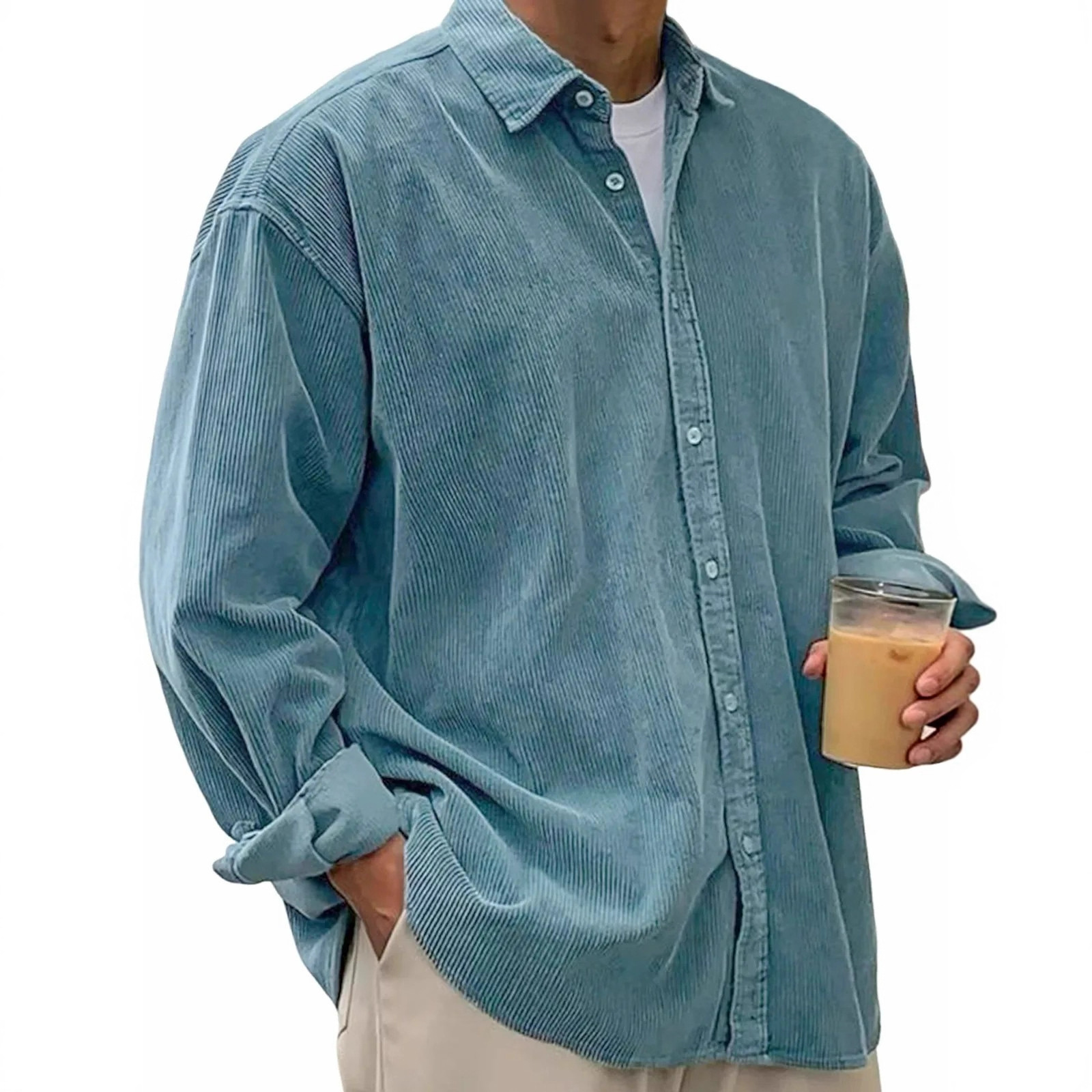 Long Sleeve Men's Shirt In Polyester Fabric With Button Placket